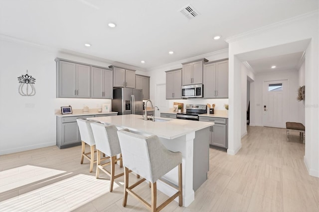 kitchen with gray cabinetry, sink, stainless steel appliances, a kitchen breakfast bar, and an island with sink