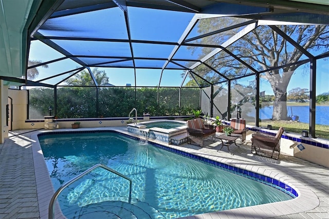 view of swimming pool with a lanai, a patio area, an in ground hot tub, and a water view