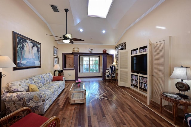 living room featuring lofted ceiling, dark wood-type flooring, ceiling fan, and ornamental molding