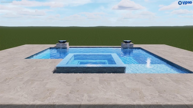 view of pool with a water view and an in ground hot tub