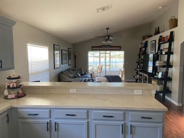 kitchen featuring lofted ceiling, light stone counters, dark hardwood / wood-style floors, and ceiling fan