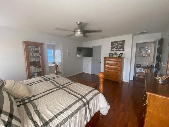 bedroom with dark wood-type flooring and ceiling fan