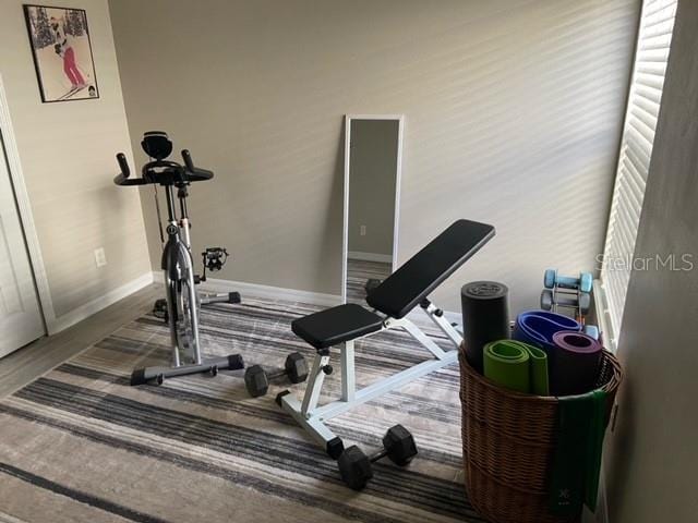 workout area featuring wood-type flooring