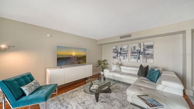 living room with hardwood / wood-style flooring and a textured ceiling