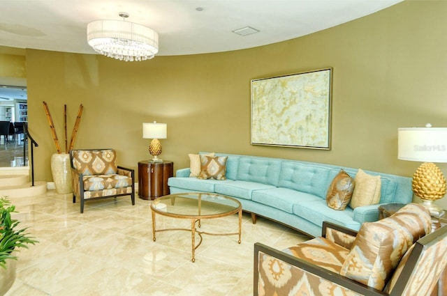 living room with a chandelier