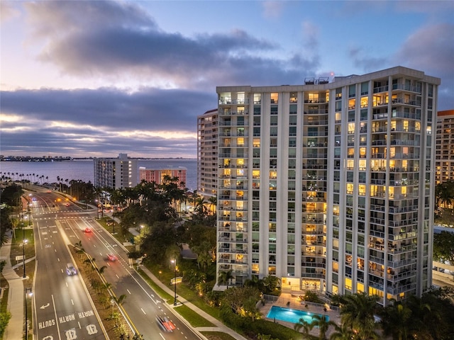 exterior space featuring a water view