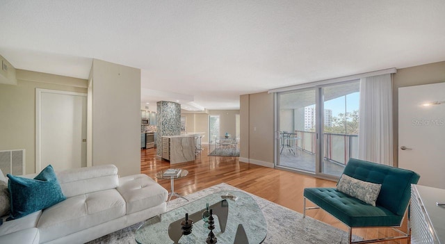 living room with plenty of natural light and light hardwood / wood-style floors