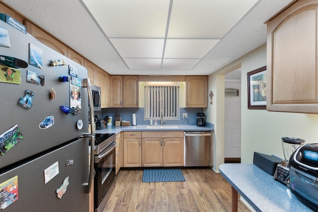 kitchen with appliances with stainless steel finishes, light wood-type flooring, light brown cabinets, and sink