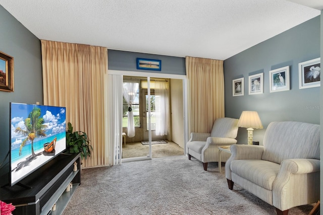 living area featuring carpet flooring, a textured ceiling, and french doors