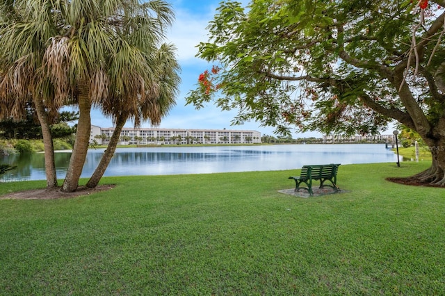 view of community featuring a water view and a yard