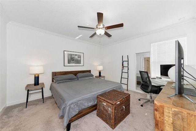 bedroom with ceiling fan, ornamental molding, and light colored carpet