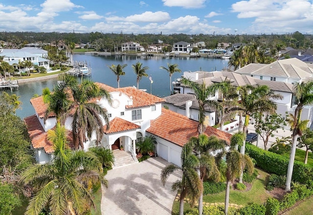 aerial view featuring a water view