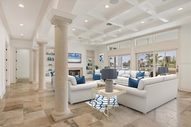 living room with beamed ceiling, a towering ceiling, coffered ceiling, and decorative columns