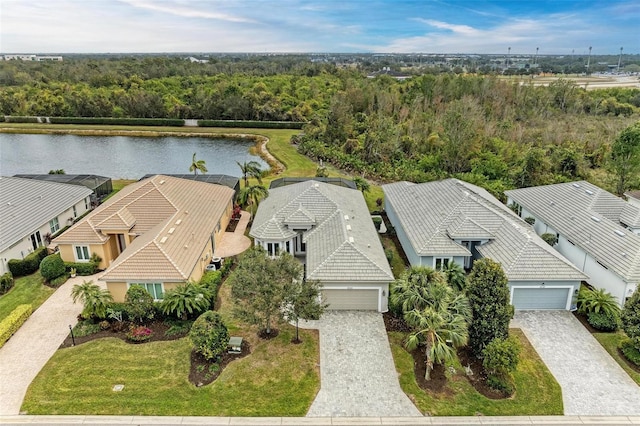 drone / aerial view with a water view