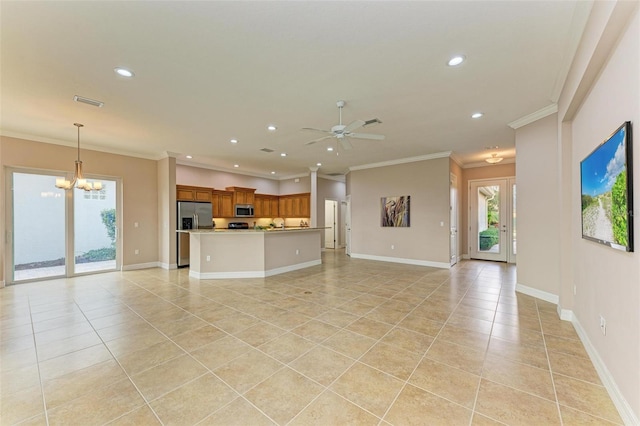 unfurnished living room with ceiling fan with notable chandelier, ornamental molding, and light tile patterned flooring