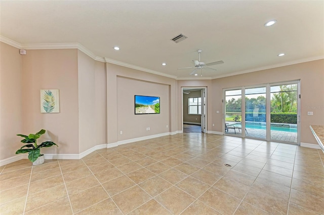 empty room with light tile patterned flooring, ornamental molding, and ceiling fan