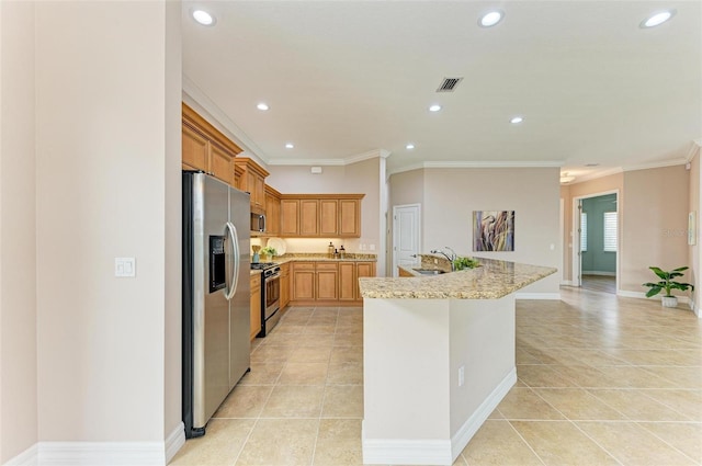 kitchen featuring stainless steel appliances, crown molding, light stone countertops, and sink