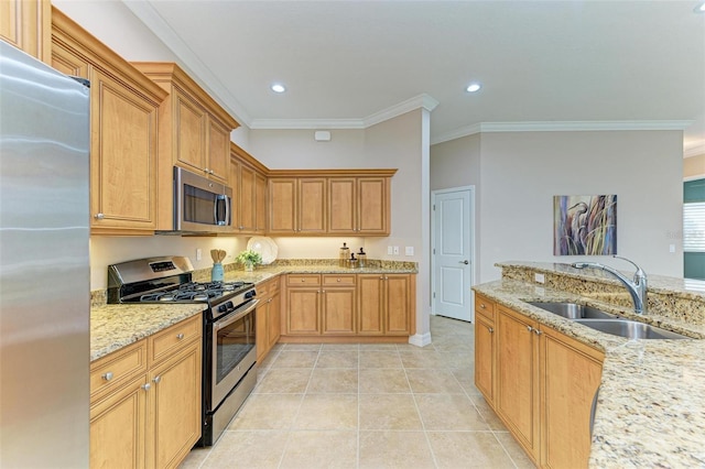 kitchen with sink, ornamental molding, stainless steel appliances, and light stone countertops