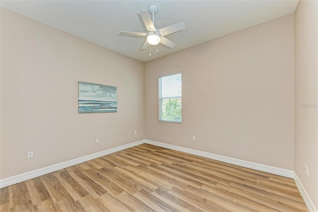 unfurnished room with ceiling fan and light hardwood / wood-style flooring