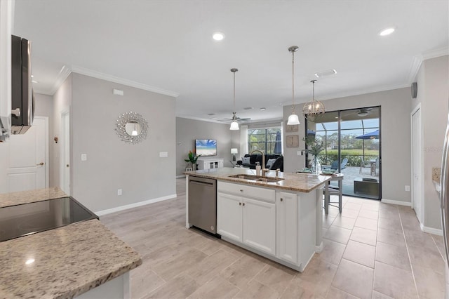 kitchen with white cabinetry, a kitchen island with sink, light stone countertops, stainless steel dishwasher, and sink