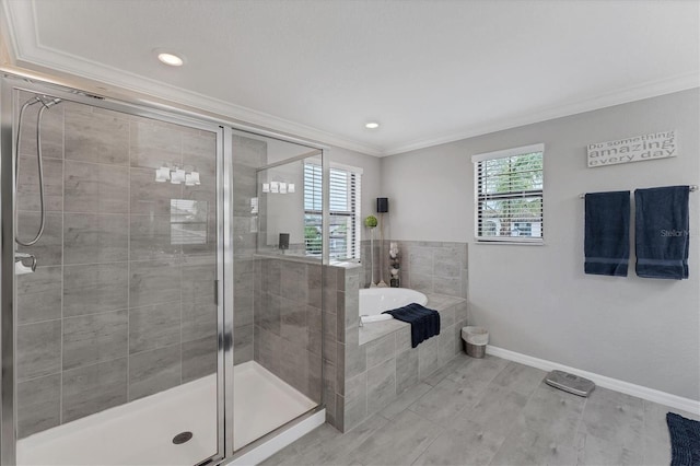 bathroom with ornamental molding, independent shower and bath, and tile patterned flooring