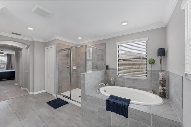 bathroom featuring tile patterned floors, independent shower and bath, and crown molding