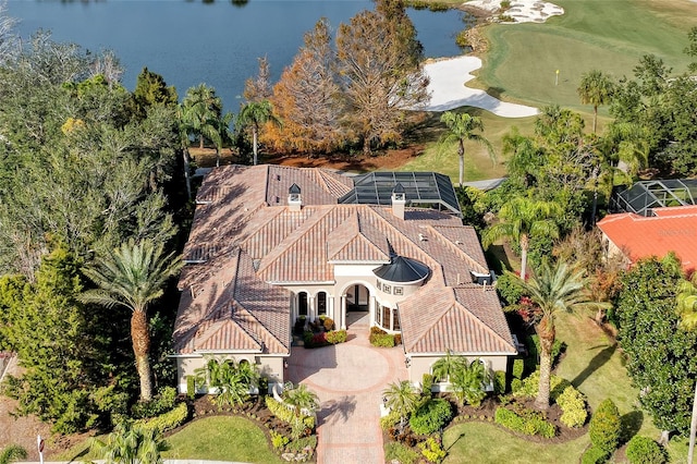 aerial view featuring a water view