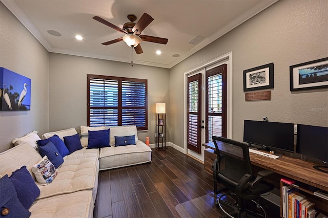 home office with ceiling fan, ornamental molding, and dark wood-type flooring