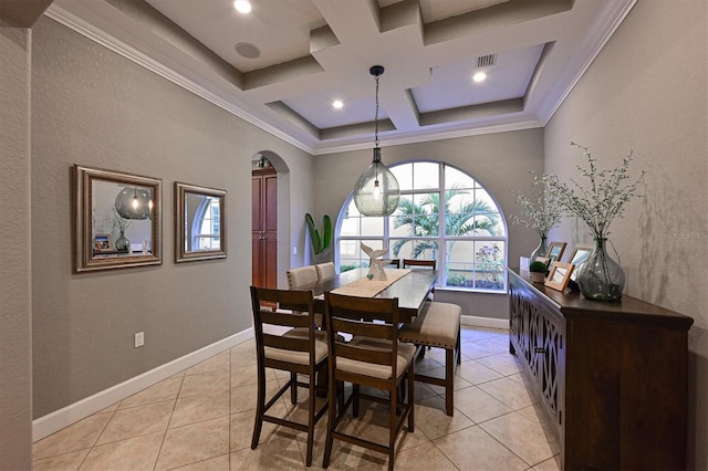 dining area featuring beamed ceiling, light tile patterned flooring, coffered ceiling, and ornamental molding