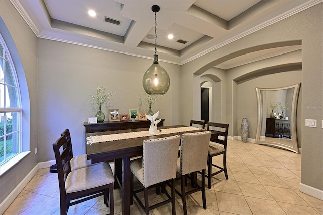 tiled dining space with beam ceiling, crown molding, and coffered ceiling