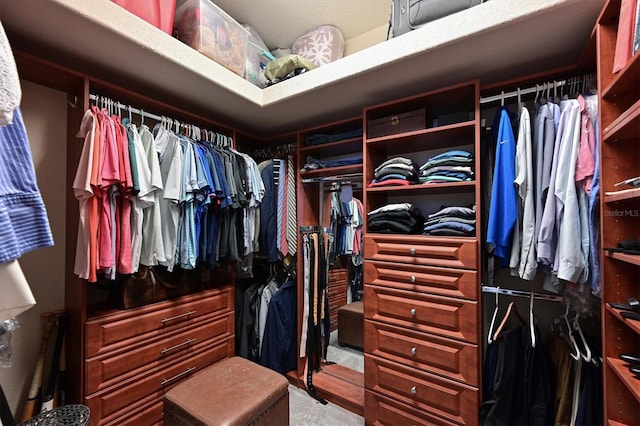 walk in closet with carpet