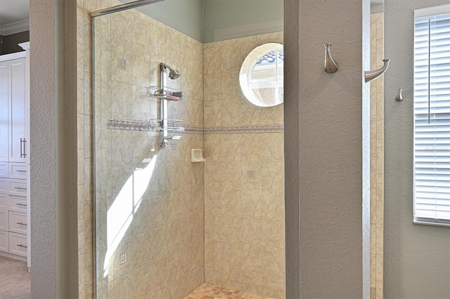 bathroom featuring a shower with shower door