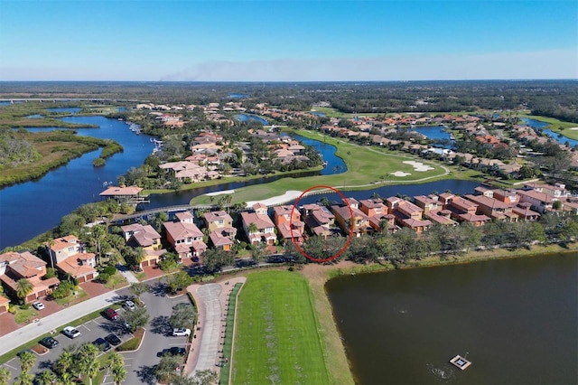 aerial view featuring a water view