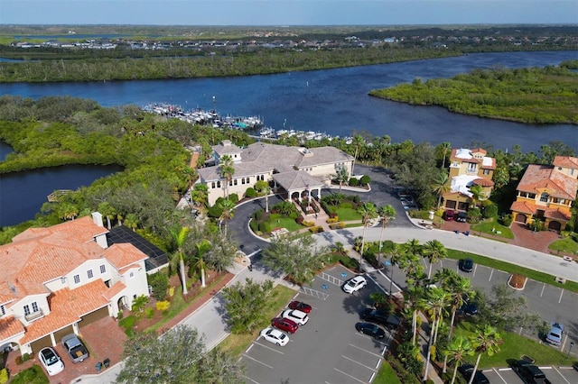 bird's eye view with a water view