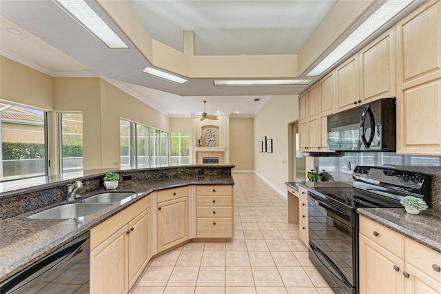 kitchen with dark stone countertops, sink, and black appliances