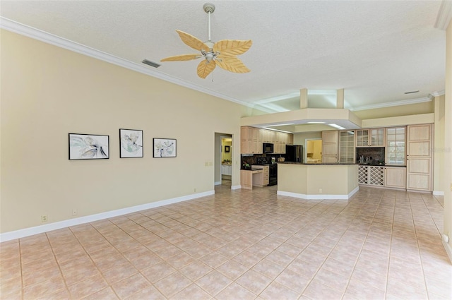 unfurnished living room featuring light tile patterned flooring, ceiling fan, ornamental molding, and a textured ceiling