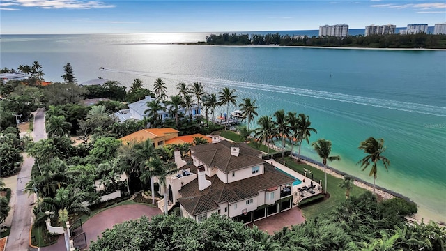 aerial view featuring a water view