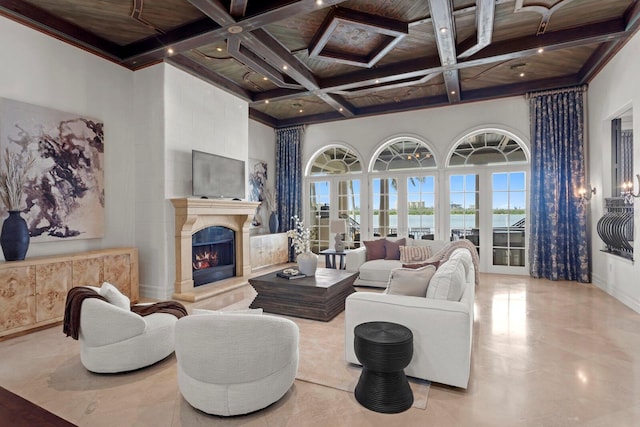 living room with wood ceiling, a towering ceiling, coffered ceiling, and beamed ceiling