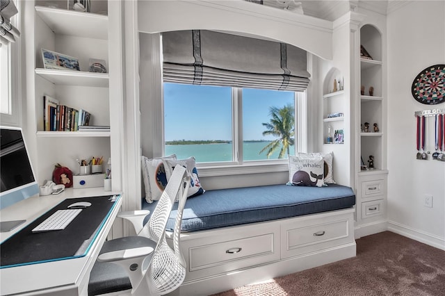 living area with built in features, a water view, and dark colored carpet