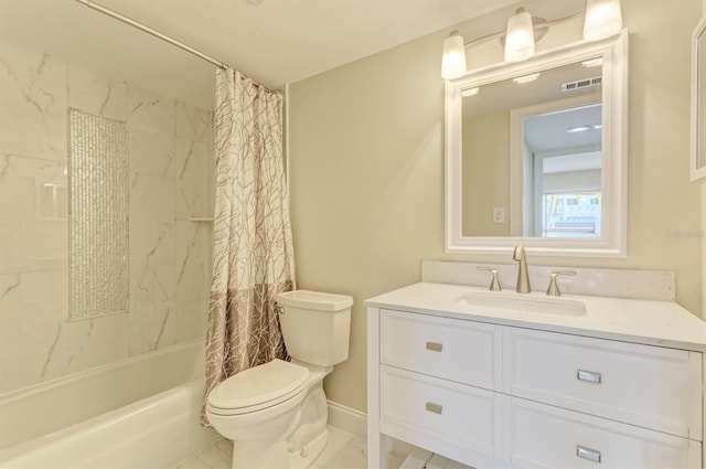 full bathroom with vanity, toilet, and shower / bath combo with shower curtain