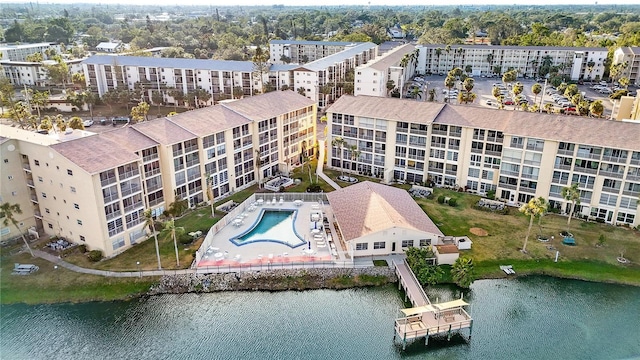 drone / aerial view with a water view