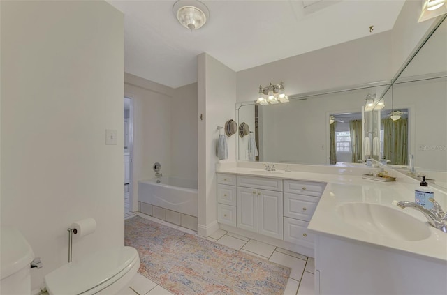 full bathroom featuring vanity, shower / tub combination, tile patterned floors, and toilet