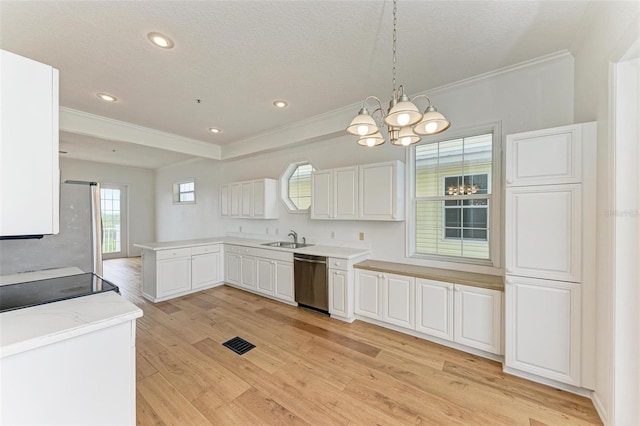 kitchen featuring pendant lighting, white cabinetry, dishwasher, a chandelier, and light wood-type flooring