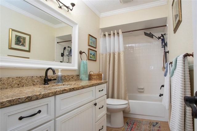 full bathroom with tile patterned floors, toilet, shower / bath combo with shower curtain, vanity, and ornamental molding