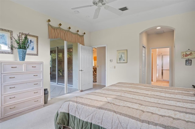 bedroom featuring ceiling fan, access to outside, and light carpet