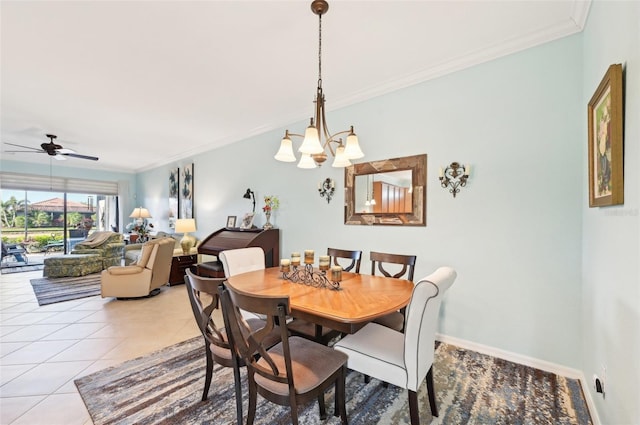 tiled dining room featuring crown molding and ceiling fan with notable chandelier