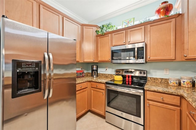 kitchen with light stone countertops, crown molding, light tile patterned floors, and stainless steel appliances