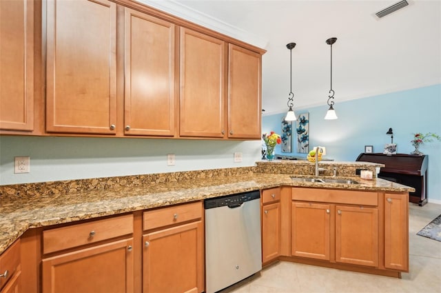 kitchen featuring dishwasher, light stone counters, kitchen peninsula, decorative light fixtures, and light tile patterned floors