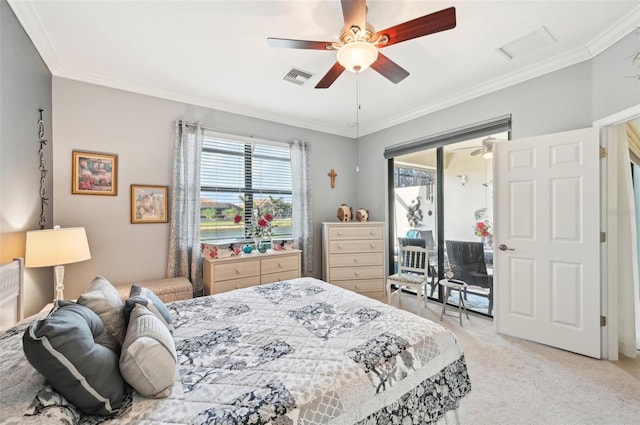 carpeted bedroom with access to exterior, ceiling fan, and ornamental molding