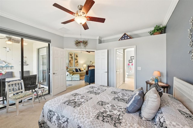 bedroom featuring ceiling fan, light colored carpet, and ornamental molding